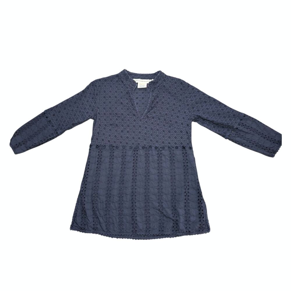 Gretchen Scott Designs Navy Blue Eyelet Cotton Tunic Top Blouse Size M